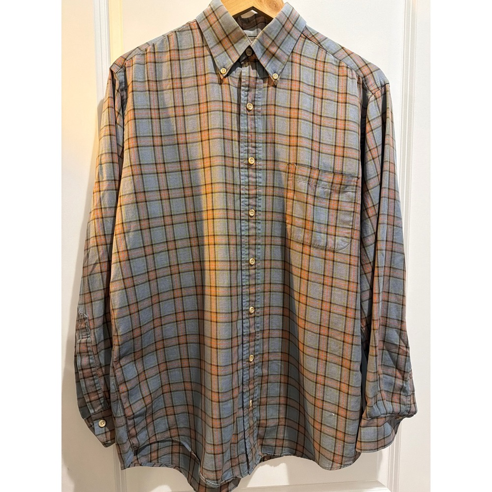 Viyella Mens Plaid Button Down Shirt Medium Blue Orange Cotton Wool Made in USA